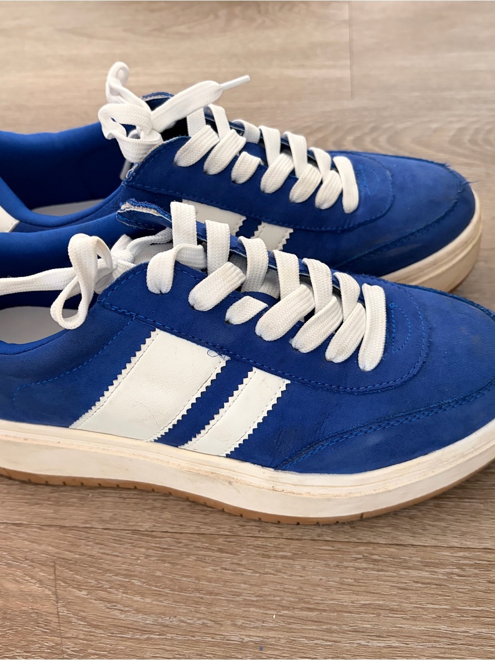 Women’s Blue Suede Athletic Shoes with White Stripes